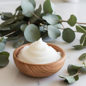 Eucalyptus Escape Sugar Scrub in a bowl sitting on a counter surrounded with eucalyptus leaves