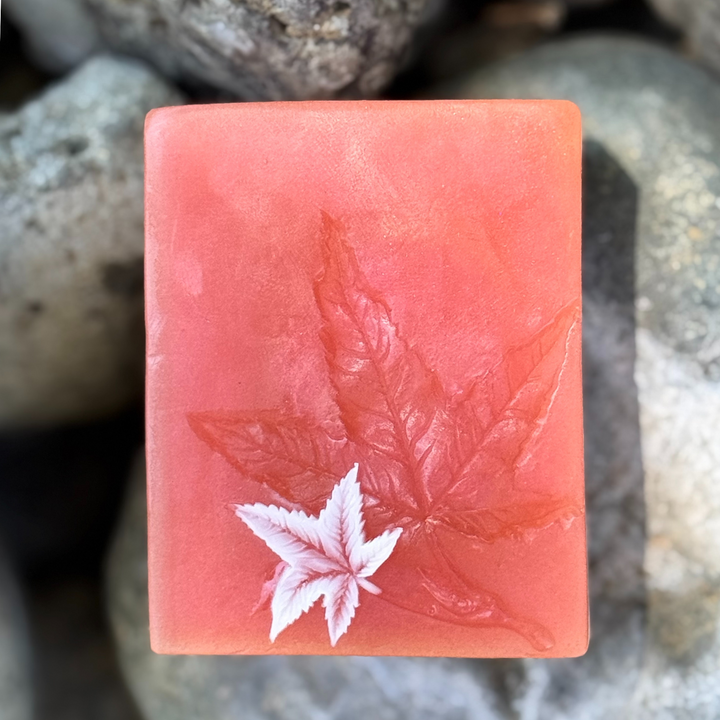 Rust colored soap bar with leaf design on a stone background