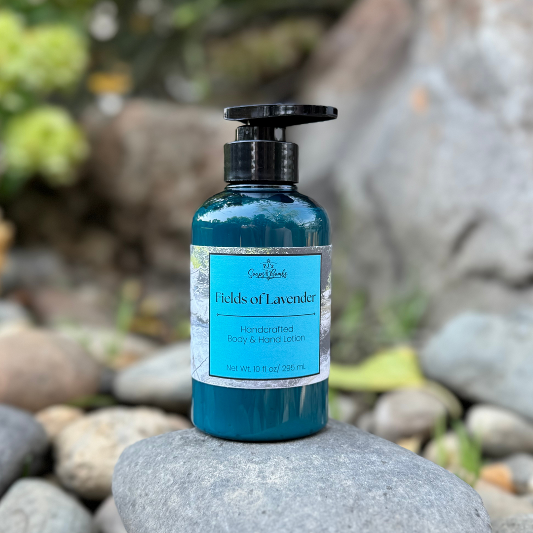 Blue bottle of Fields of Lavender lotion on a rock with a natural background