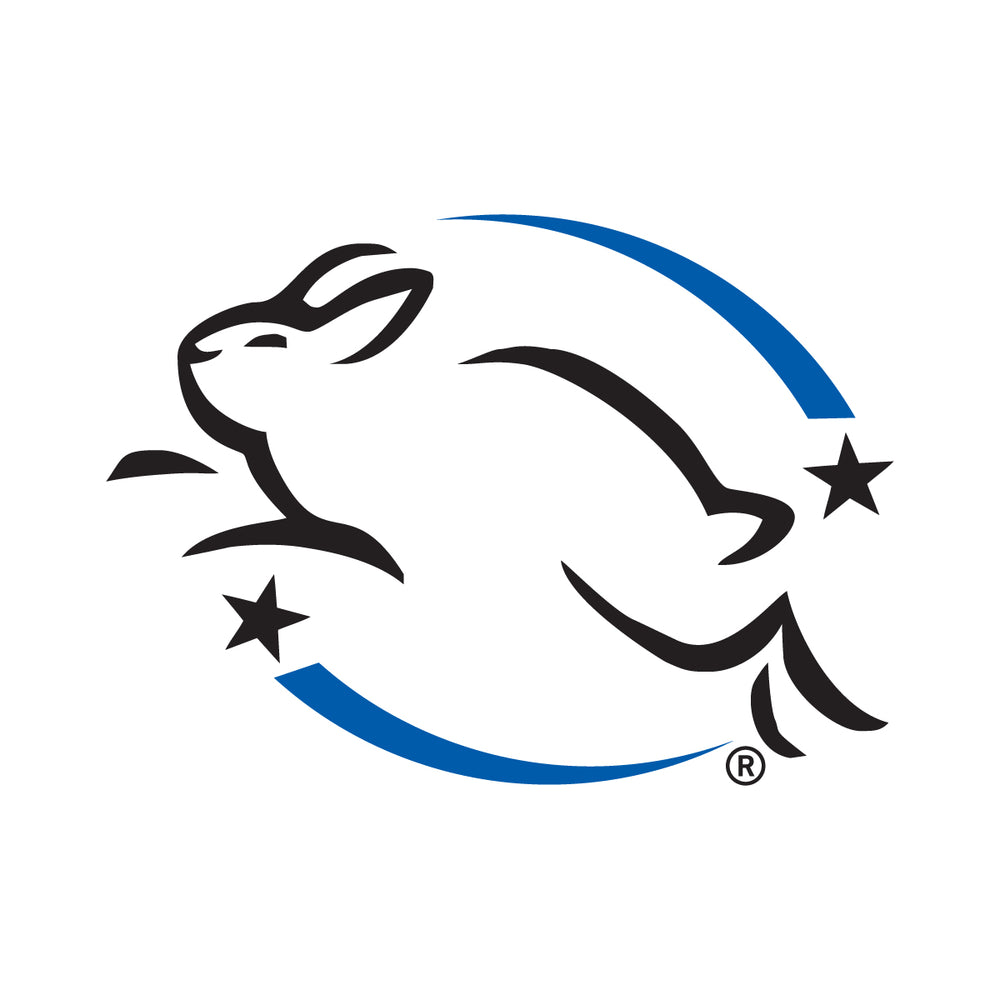 Leaping Bunny - cruelty free logo- black bunny outlin with shooting stars above and below it