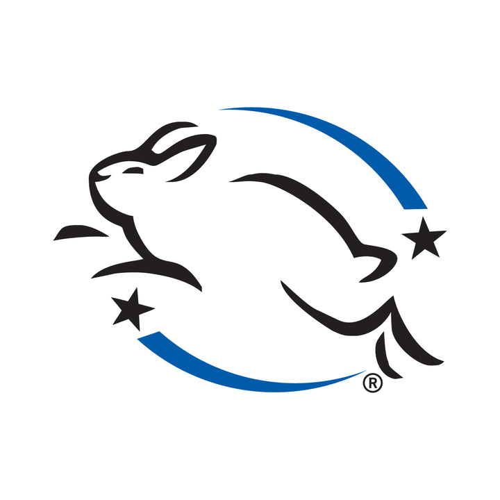 Leaping Bunny - cruelty free logo- black bunny outlin with shooting stars above and below it