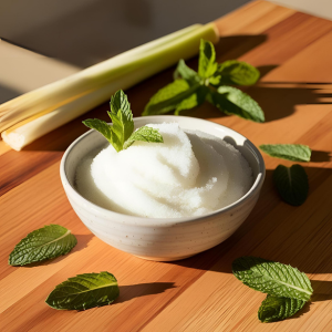 Lemongrass and Mint Sugar Scrub in a bowl on countertop