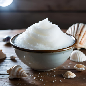 Moonlit Ocean Scented Sugar Scrub in a bowl on a counter surrounded by sea shells