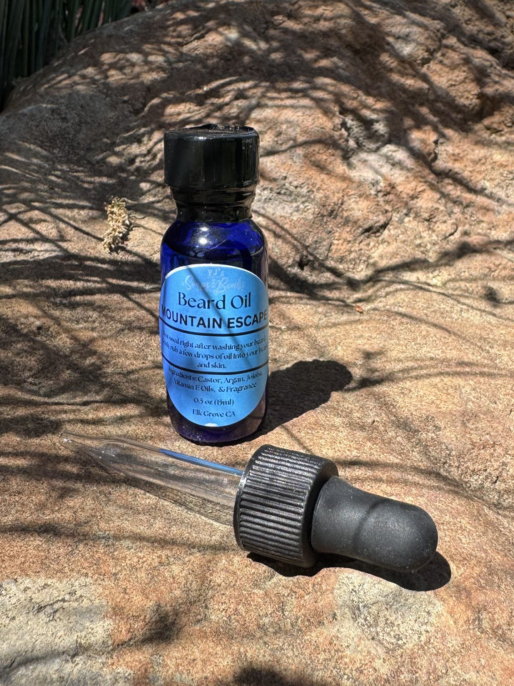 Mountain  Escape Beard Oil and Dropper in outdoor setting