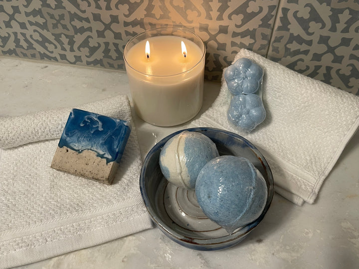 Ocean Shores Gift Set,  Beach Theme, Spa Gift for Her, Oatmeal,Shaving and Shea Soap, Bubbly Bath Bomb, Shower Steamers,