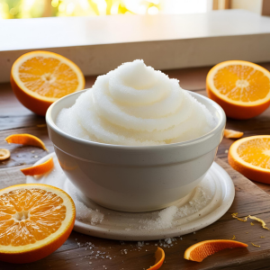 Oange Awakening Sugar Scrub in a bowl sitting on a counter surrounded by sliced oranges