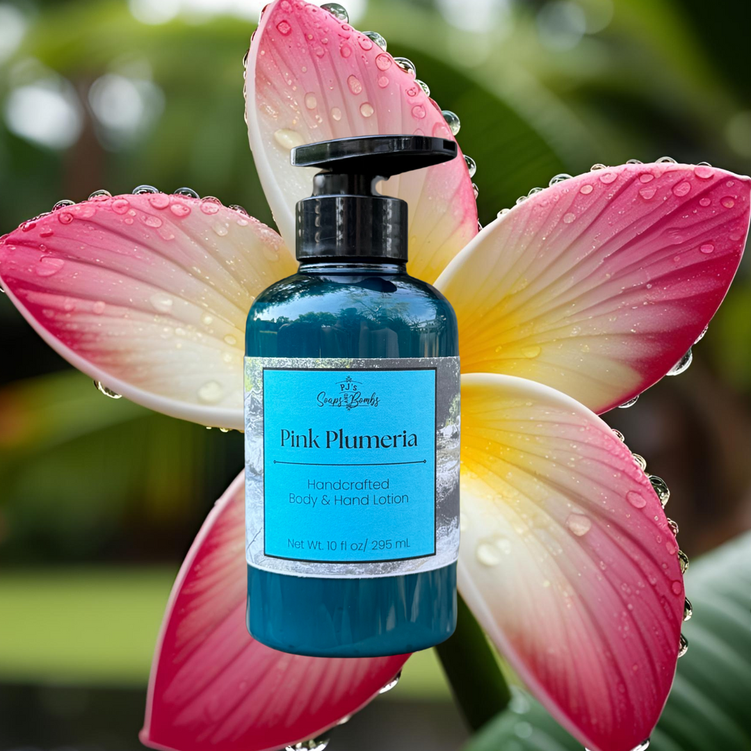 PJ's Pink Plumeria Handcrafted Luxury Body Lotion – Non-Greasy, Moisturizing, Cruelty-Free Skincare, 10 ounces