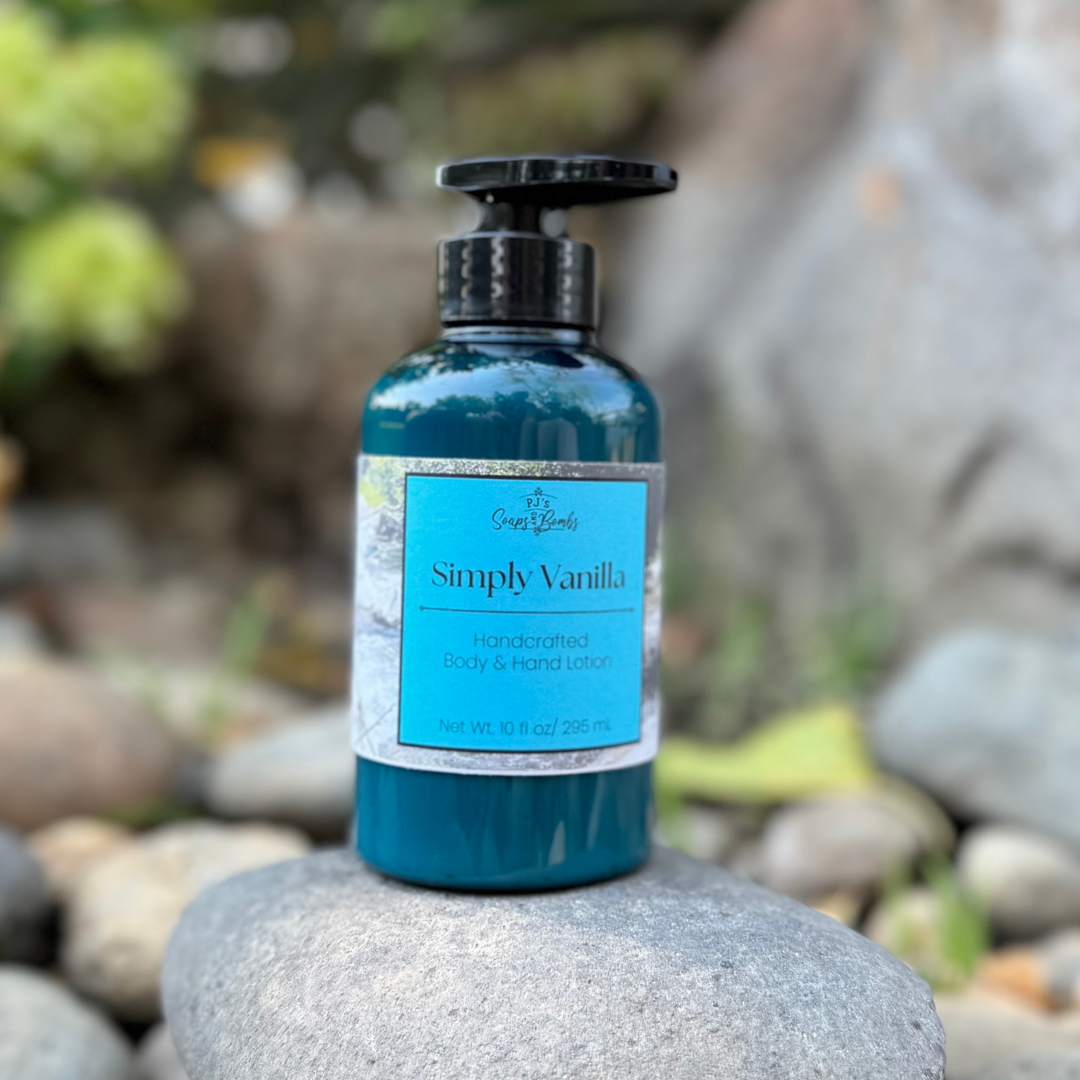 Blue bottle of 'Simply Vanilla' lotion on a rock with a natural background