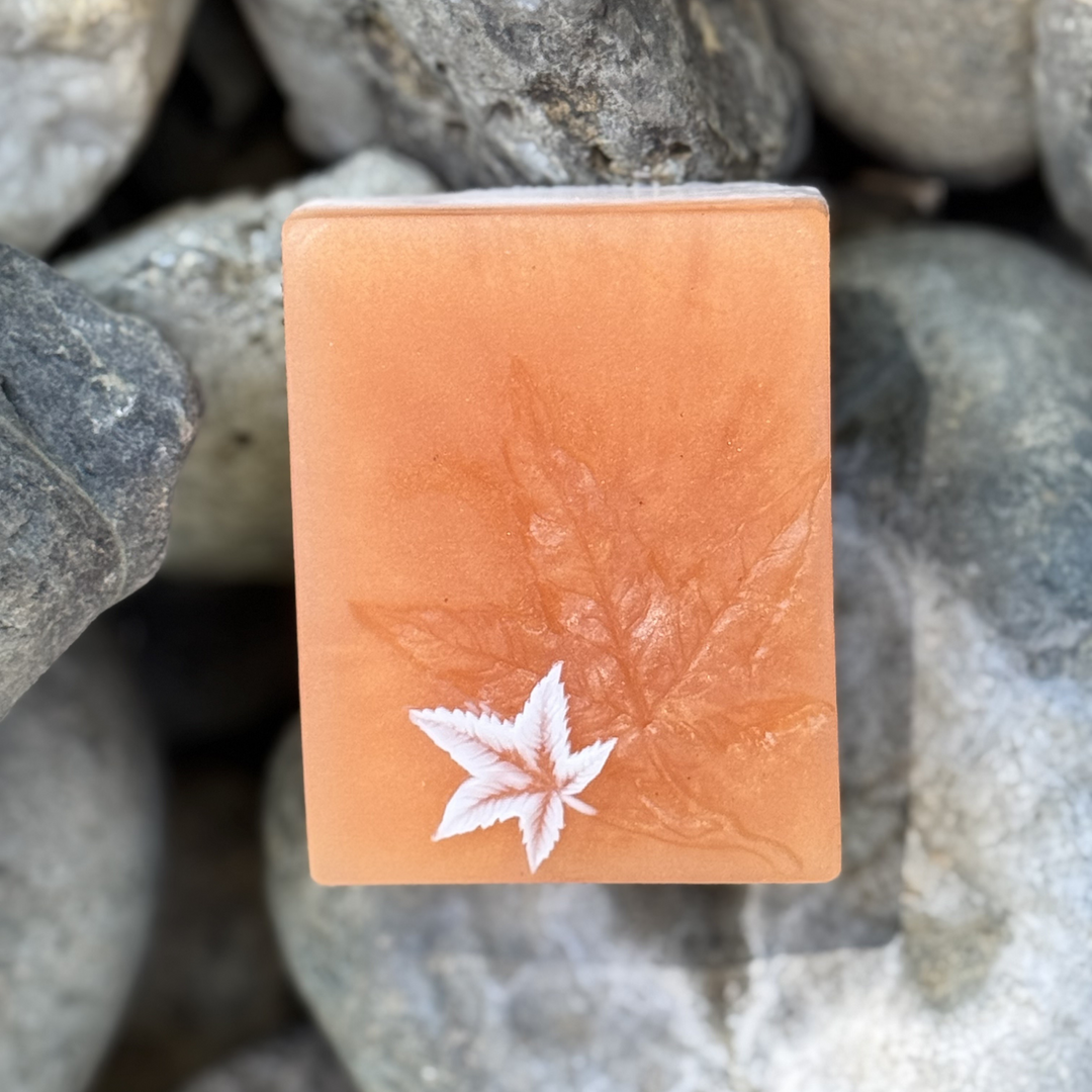 Rectangular leaf soap with a small white leaf design on a stone background