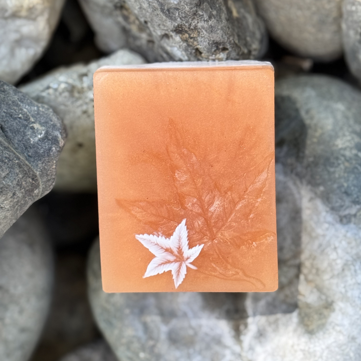 Rectangular leaf soap with a small white leaf design on a stone background