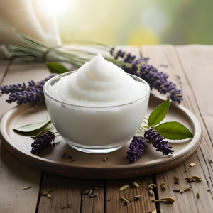 Tranquil Lavender Twilight Sugar Scrub in a bowl on a counter surrounded by sprigs of lavender