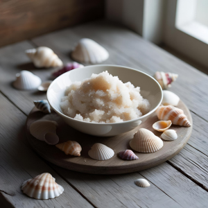 Tranquil BeachSugar Scrub in a bowl surrounded by sea shells