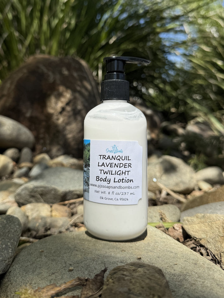 Tranquil Lavender Twilight Body Lotion in natural setting sitting on a rock