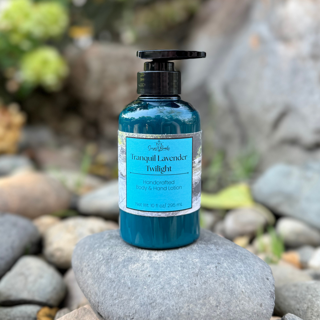 Blue bottle of Tranquil Lavender Twilight lotion on a rock with a natural background